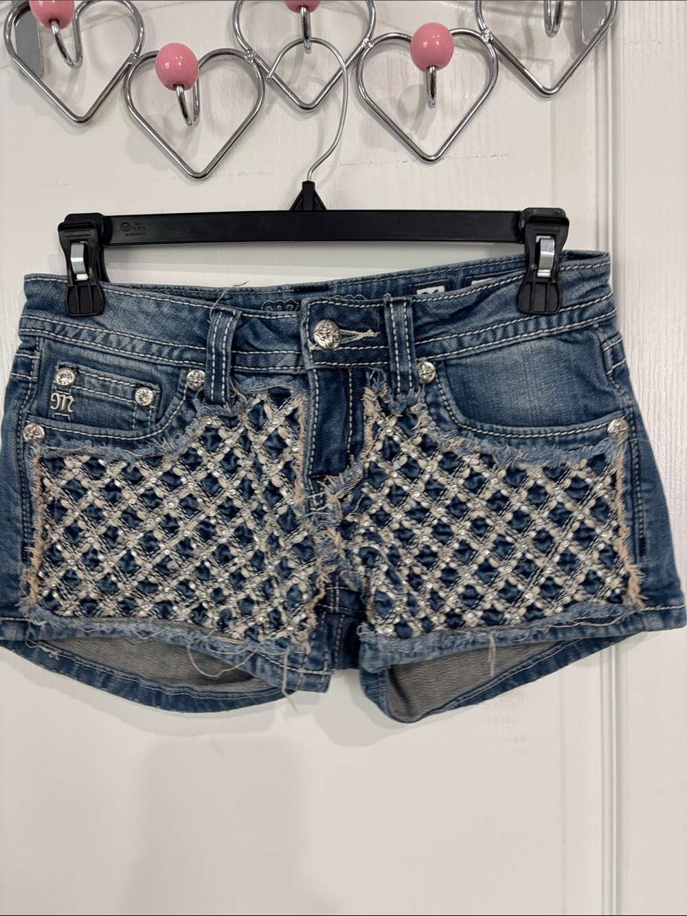 Miss Me Blue Denim Jean Shorts with Woven Frayed Panels